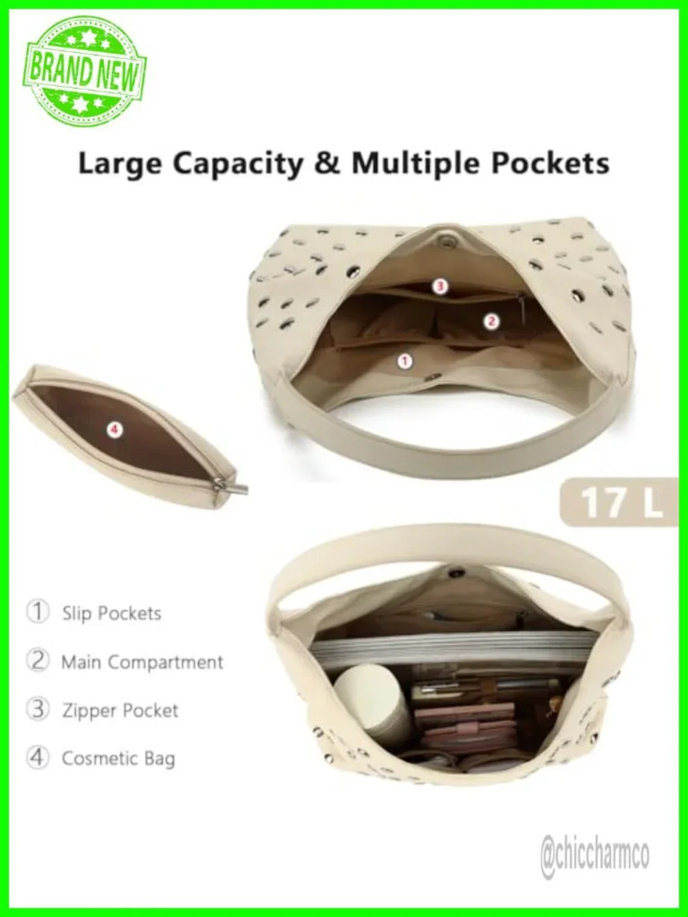 Studded Hobo Bag Vegan Leather Tote Purse Soft Slouchy Shoulder Bag